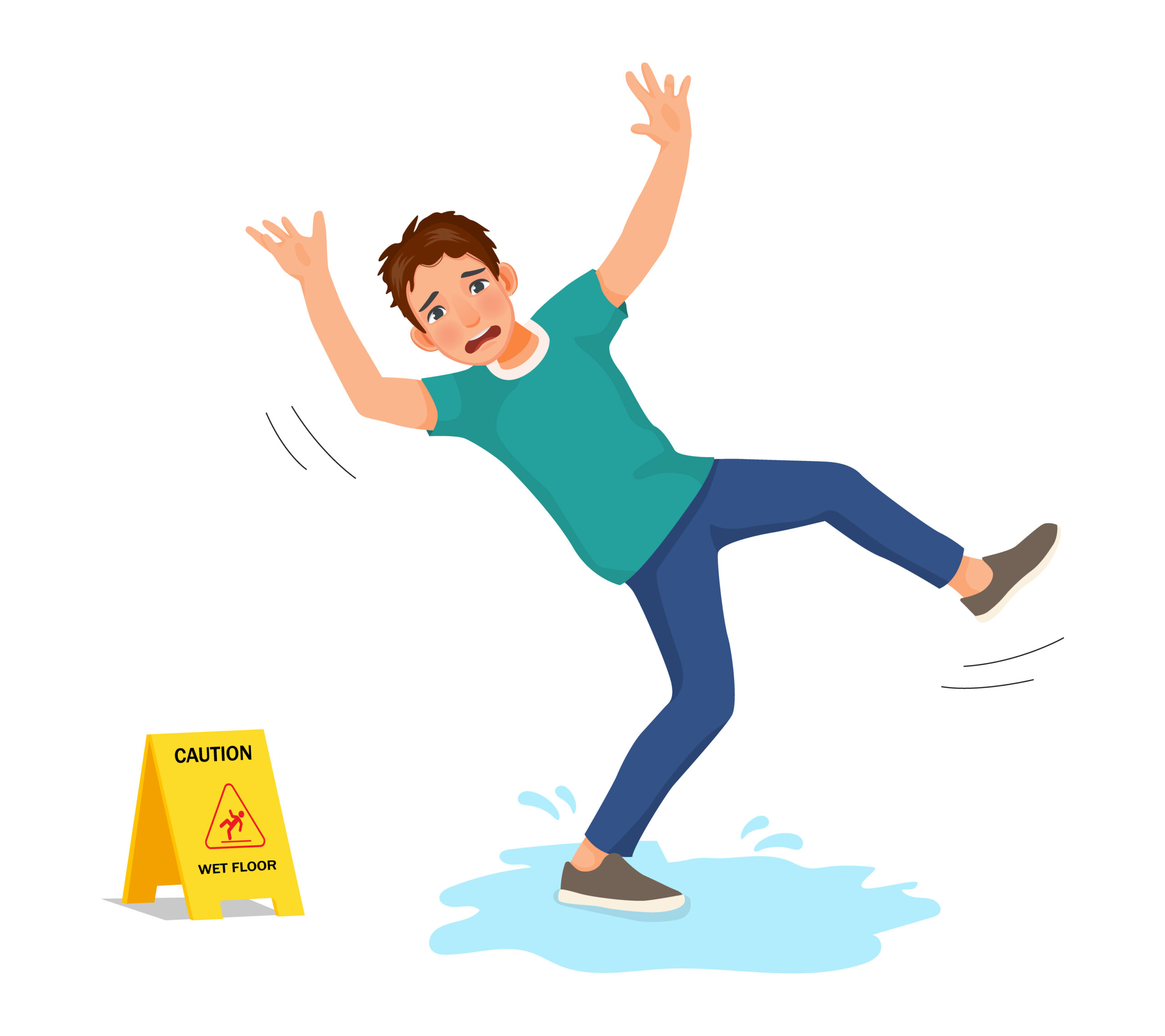 370015930_61e42e13-ded6-4127-b769-2b6152433050 Young man having accident slipping on wet floor and falling down near yellow caution sign
