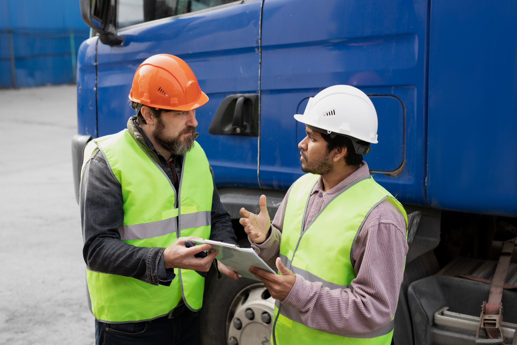 Two workers wearing safety vests and helmets stand next to a blue truck, engaged in discussion about Workers Compensation. One holds a tablet while the other holds a pen, suggesting an inspection or work-related review. Two workers wearing safety vests and helmets stand next to a blue truck, engaged in discussion about Workers Compensation. One holds a tablet while the other holds a pen, suggesting an inspection or work-related review.
