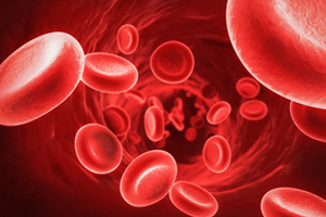 Illustration of red blood cells flowing through a blood vessel, showing their disc-like shape and vibrant red color against a dark red background, highlighting how conditions like HIV can impact the bloodstream.