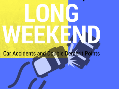Two cars collide head-on in an illustration with the words “Queen’s Birthday Long Weekend,” highlighting “Car Accidents and Double Demerit Points” on a blue and yellow background. Two cars collide head-on in an illustration with the words "Queen's Birthday Long Weekend," highlighting "Car Accidents and Double Demerit Points" on a blue and yellow background.