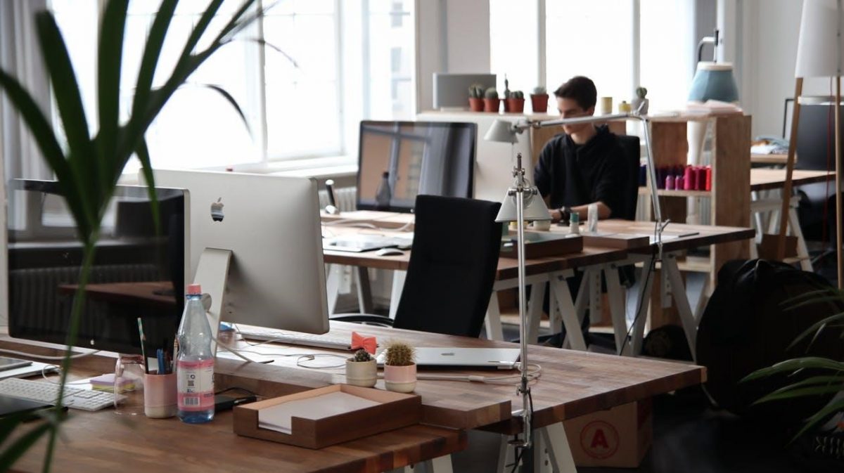 Modern open-plan office with wooden desks, computer monitors, office supplies, potted plants, and a person working at a desk in the background near large windows with natural light. Modern open-plan office with wooden desks, computer monitors, office supplies, potted plants, and a person working at a desk in the background near large windows with natural light.