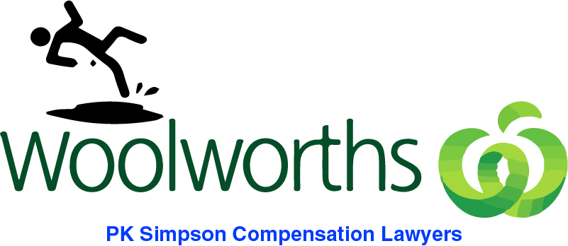 A stylized figure slips on a surface above the Woolworths logo, with the text “PK Simpson Compensation Lawyers” in blue below. A stylized figure slips on a surface above the Woolworths logo, with the text "PK Simpson Compensation Lawyers" in blue below.