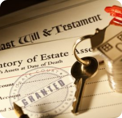 Close-up of a last will and testament, keys, a small house, stacked coins, and a court document stamped “GRANTED,” symbolizing estate planning and inheritance. Close-up of a last will and testament, keys, a small house, stacked coins, and a court document stamped "GRANTED," symbolizing estate planning and inheritance.