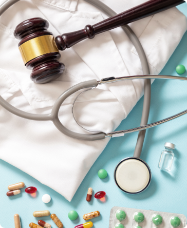 A judge’s gavel, stethoscope, white coat, various pills, and a medicine vial arranged on a blue surface, symbolizing the intersection of law and healthcare or medical ethics.