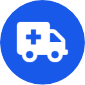 White ambulance icon with a medical cross on its side, shown on a solid blue circular background. White ambulance icon with a medical cross on its side, shown on a solid blue circular background.