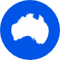 A white silhouette of the Australian continent is centered on a solid blue circular background. A white silhouette of the Australian continent is centered on a solid blue circular background.