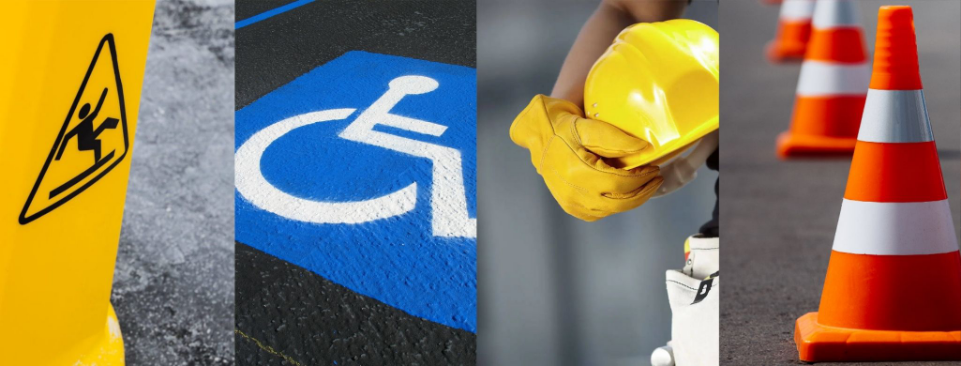A collage showing a wet floor caution sign, a blue handicapped parking symbol painted on asphalt, a person holding a yellow hard hat and gloves, and several orange traffic cones on pavement. A collage showing a wet floor caution sign, a blue handicapped parking symbol painted on asphalt, a person holding a yellow hard hat and gloves, and several orange traffic cones on pavement.