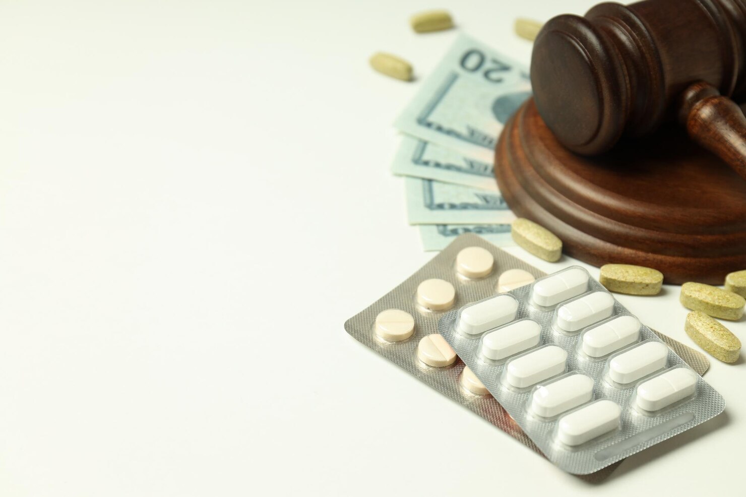 Blister packs of pills, scattered tablets, a wooden judge’s gavel, and several twenty-dollar bills on a white surface, symbolizing the intersection of medicine, law, and money. Blister packs of pills, scattered tablets, a wooden judge’s gavel, and several twenty-dollar bills on a white surface, symbolizing the intersection of medicine, law, and money.
